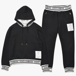 極美品 DOLCE&GABBANA ドルチェアンドガッバーナ ロゴジャガードテープセットアップ パーカー フーディ スウェットパンツ ブラック ホワイト 中古 4a007830