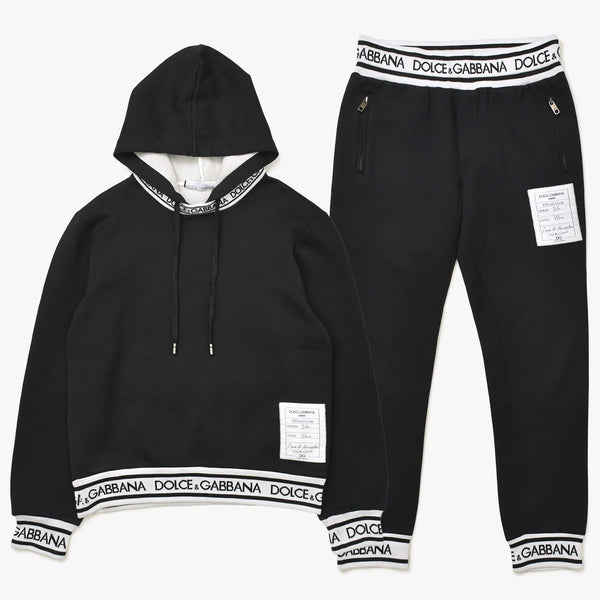 極美品 DOLCE&GABBANA ドルチェアンドガッバーナ ロゴジャガードテープセットアップ パーカー フーディ スウェットパンツ ブラック ホワイト 中古 4a007830