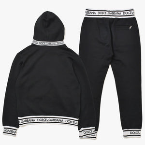 極美品 DOLCE&GABBANA ドルチェアンドガッバーナ ロゴジャガードテープセットアップ パーカー フーディ スウェットパンツ ブラック ホワイト 中古 4a007830