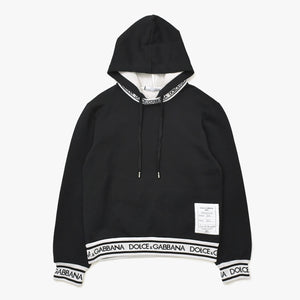 極美品 DOLCE&GABBANA ドルチェアンドガッバーナ ロゴジャガードテープセットアップ パーカー フーディ スウェットパンツ ブラック ホワイト 中古 4a007830