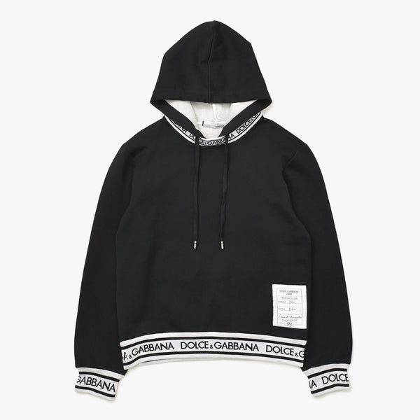 極美品 DOLCE&GABBANA ドルチェアンドガッバーナ ロゴジャガードテープセットアップ パーカー フーディ スウェットパンツ ブラック ホワイト 中古 4a007830