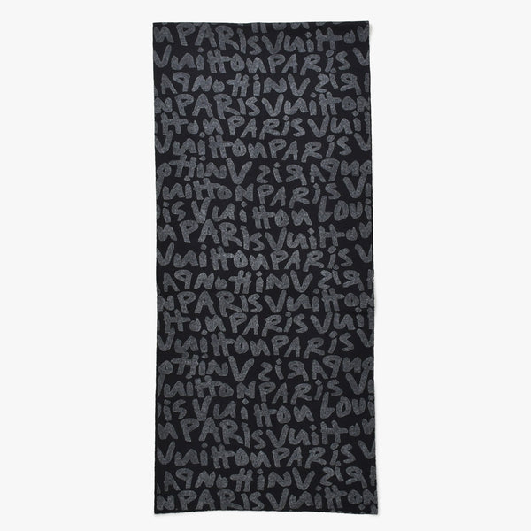 新品同様品 LOUIS VUITTON ルイヴィトン マフラー エシャルプ・フェルティッド・グラフィティ ブラック グレー MP1065 中古 4a007920