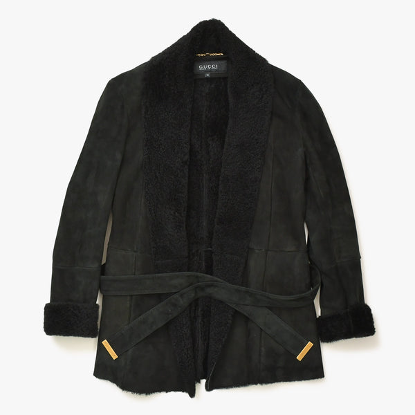 極美品 GUCCI グッチ ムートンコート ジャケット 325349 イタリア製 ジープスキン ブラック ゴールド金具 サイズ36 中古 4a008304