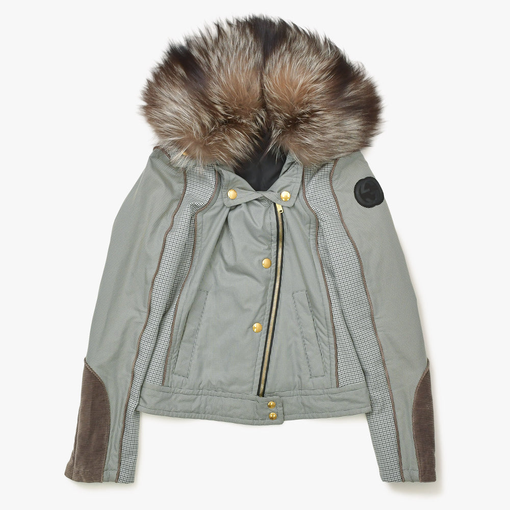 Very good condition GUCCI Fur rider's blouson 221876 ZU708 36 size Khaki brown Houndstooth pattern Giannini period Gold hardware Used 4a008305