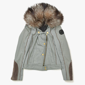極美品 GUCCI グッチ ファー付きライダースブルゾン 221876 ZU708 36サイズ カーキ ブラウン 千鳥格子柄 ジャンニーニ期 ゴールド金具 中古 4a008305