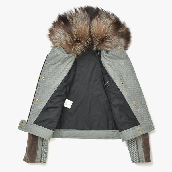 極美品 GUCCI グッチ ファー付きライダースブルゾン 221876 ZU708 36サイズ カーキ ブラウン 千鳥格子柄 ジャンニーニ期 ゴールド金具 中古 4a008305