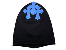 画像をギャラリービューアに読み込む, 新品同様 CHROME HEARTS クロムハーツ クロスパッチ ニットキャップ ビーニー カシミヤ レザー ブルー ブラック ONE SIZE 中古 4b008315