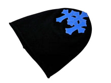 画像をギャラリービューアに読み込む, 新品同様 CHROME HEARTS クロムハーツ クロスパッチ ニットキャップ ビーニー カシミヤ レザー ブルー ブラック ONE SIZE 中古 4b008315