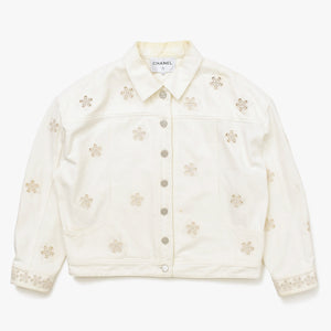 CHANEL Flower pattern denim jacket 2014 P76751V68765 Cotton White Silver hardware Size 46 Good condition Used 4a008648