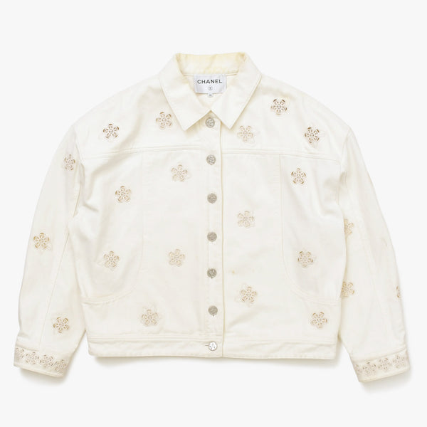 CHANEL Flower pattern denim jacket 2014 P76751V68765 Cotton White Silver hardware Size 46 Good condition Used 4a008648