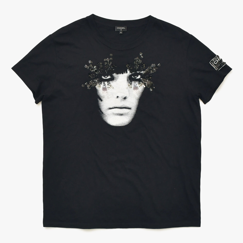 Very Good Condition CHANEL FACE PRINT Face Print Sequins Bijou Decoration P72144K10357 Cotton Black Size XL Used 4a008660