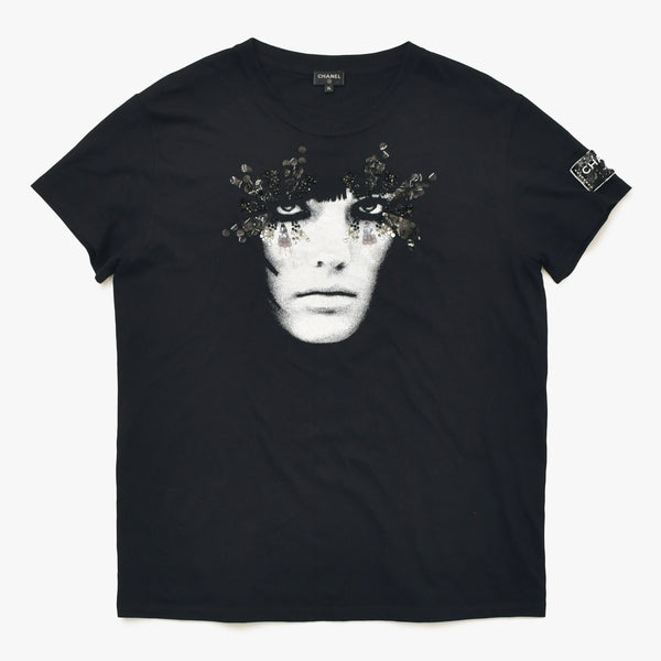 極美品 CHANEL シャネル FACE PRINT フェイスプリント スパンコール ビジュー装飾 P72144K10357 コットン ブラック サイズXL 中古 4a008660