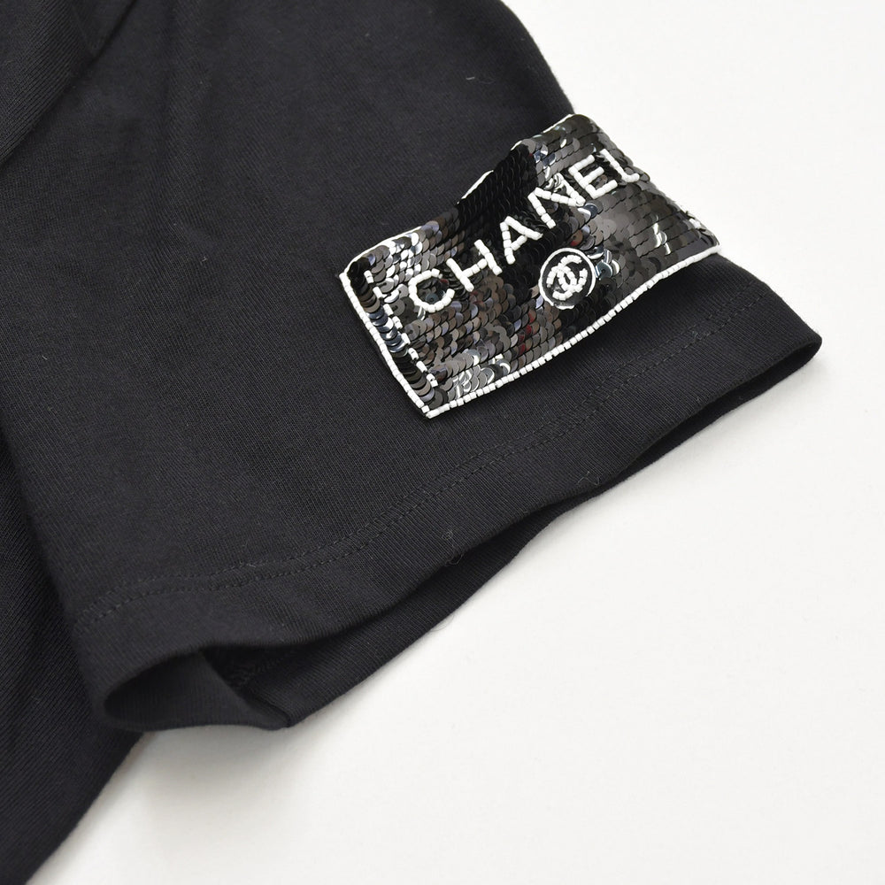 Very Good Condition CHANEL FACE PRINT Face Print Sequins Bijou Decoration P72144K10357 Cotton Black Size XL Used 4a008660