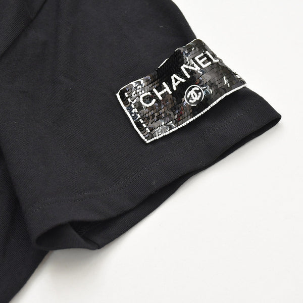 極美品 CHANEL シャネル FACE PRINT フェイスプリント スパンコール ビジュー装飾 P72144K10357 コットン ブラック サイズXL 中古 4a008660