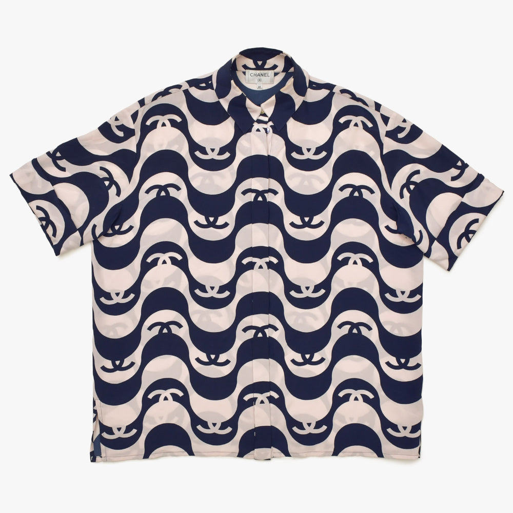 Very Good Condition CHANEL Short Sleeve Shirt Size 40 Here Mark Border Wave Navy Pastel Pink Men's All Over Pattern Used 4a008667