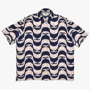 Very Good Condition CHANEL Short Sleeve Shirt Size 40 Here Mark Border Wave Navy Pastel Pink Men's All Over Pattern Used 4a008667