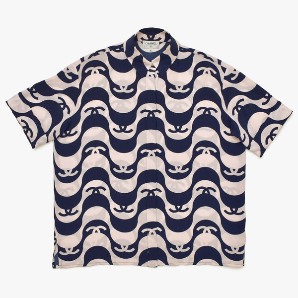 Very Good Condition CHANEL Short Sleeve Shirt Size 40 Here Mark Border Wave Navy Pastel Pink Men's All Over Pattern Used 4a008667