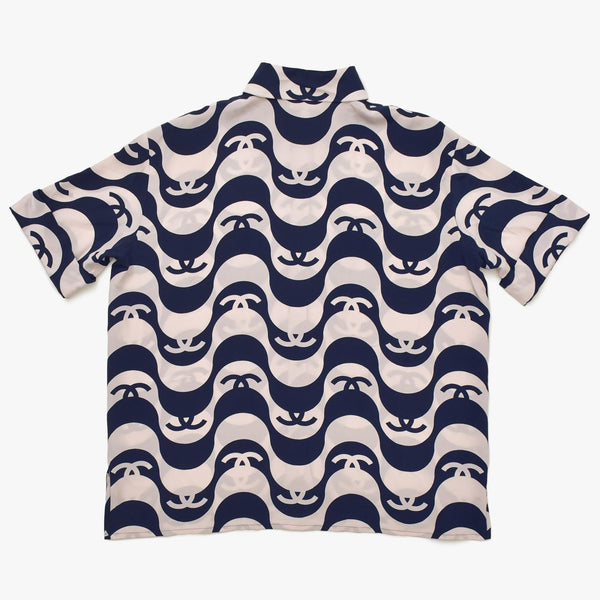 Very Good Condition CHANEL Short Sleeve Shirt Size 40 Here Mark Border Wave Navy Pastel Pink Men's All Over Pattern Used 4a008667