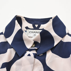 Very Good Condition CHANEL Short Sleeve Shirt Size 40 Here Mark Border Wave Navy Pastel Pink Men's All Over Pattern Used 4a008667