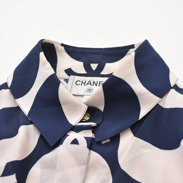 Very Good Condition CHANEL Short Sleeve Shirt Size 40 Here Mark Border Wave Navy Pastel Pink Men's All Over Pattern Used 4a008667