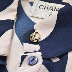 Very Good Condition CHANEL Short Sleeve Shirt Size 40 Here Mark Border Wave Navy Pastel Pink Men's All Over Pattern Used 4a008667