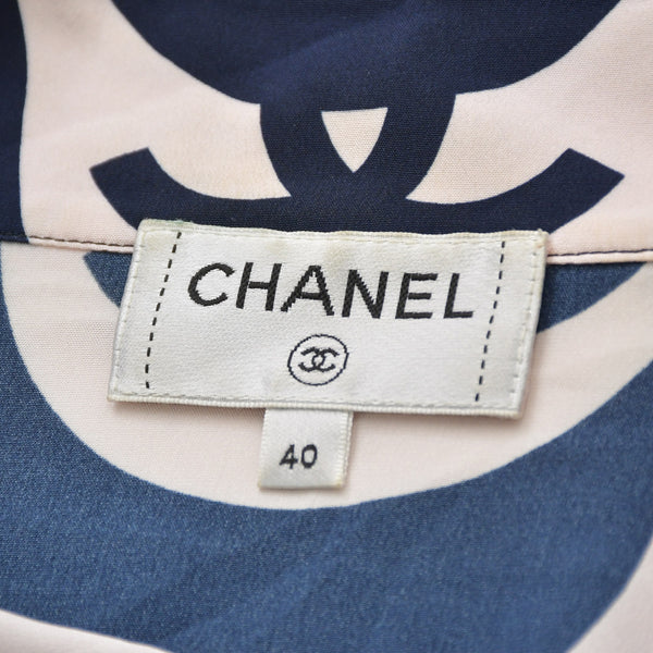 Very Good Condition CHANEL Short Sleeve Shirt Size 40 Here Mark Border Wave Navy Pastel Pink Men's All Over Pattern Used 4a008667