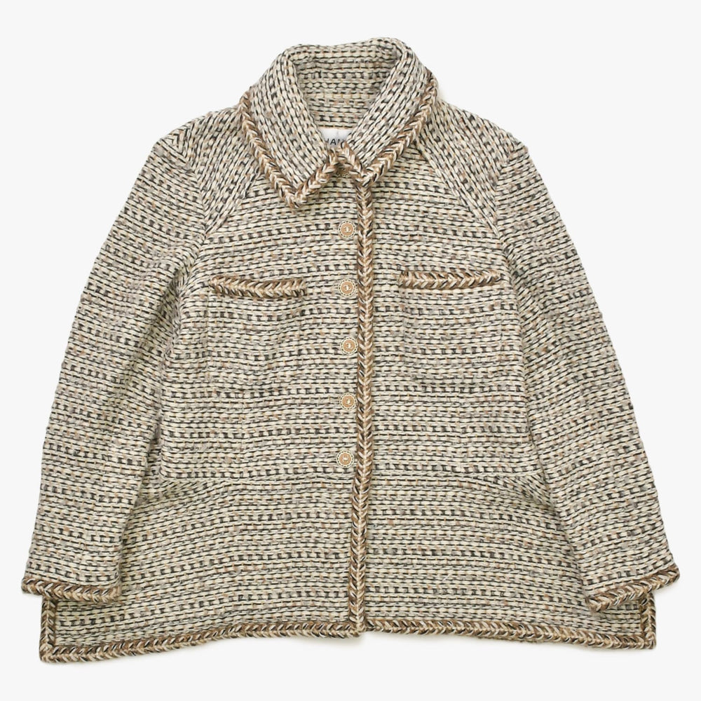 Like new CHANEL Coco Mark Button Tweed Stainless Steel Collar Coat P59951V45402 White Black Brown Size 48 Used 4a008692