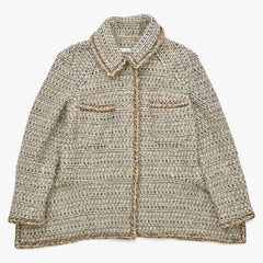 Like new CHANEL Coco Mark Button Tweed Stainless Steel Collar Coat P59951V45402 White Black Brown Size 48 Used 4a008692