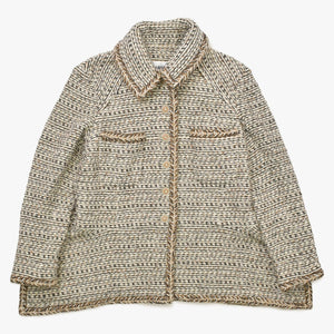 Like new CHANEL Coco Mark Button Tweed Stainless Steel Collar Coat P59951V45402 White Black Brown Size 48 Used 4a008692