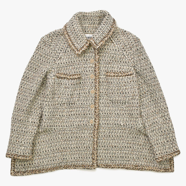 Like new CHANEL Coco Mark Button Tweed Stainless Steel Collar Coat P59951V45402 White Black Brown Size 48 Used 4a008692
