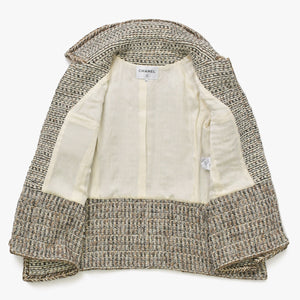 Like new CHANEL Coco Mark Button Tweed Stainless Steel Collar Coat P59951V45402 White Black Brown Size 48 Used 4a008692