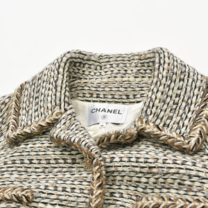 Like new CHANEL Coco Mark Button Tweed Stainless Steel Collar Coat P59951V45402 White Black Brown Size 48 Used 4a008692