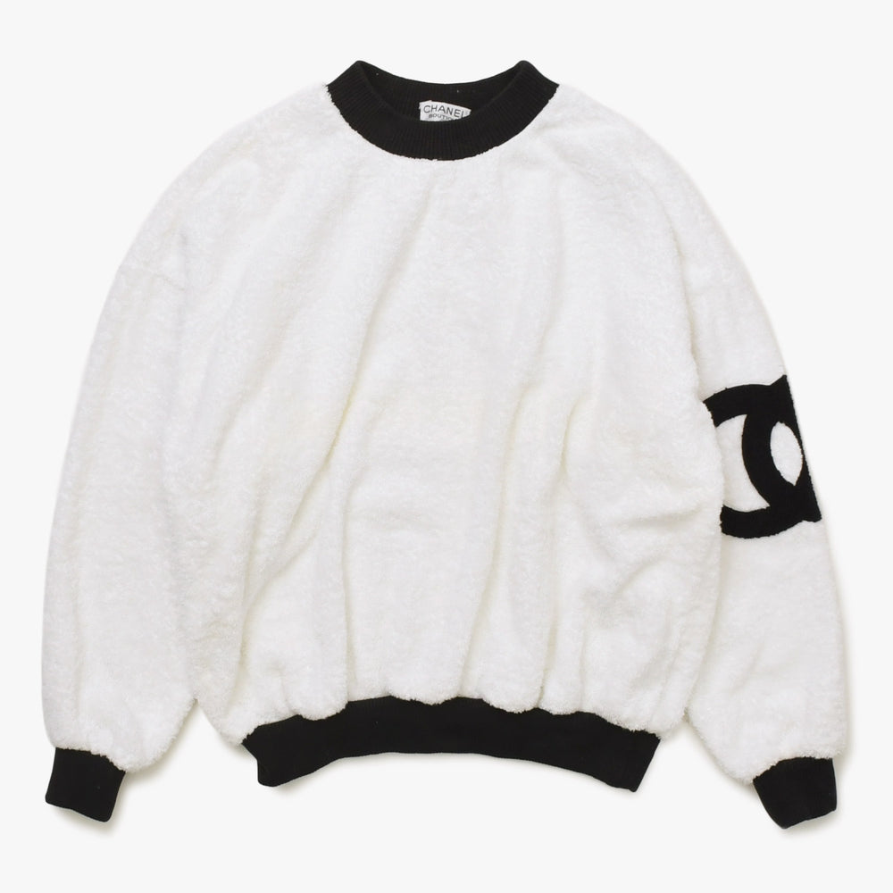 Very Good Condition CHANEL VINTAGE Vintage Pile Sweatshirt Sweatshirt Coco Mark Patch White Men's Used 4a008704