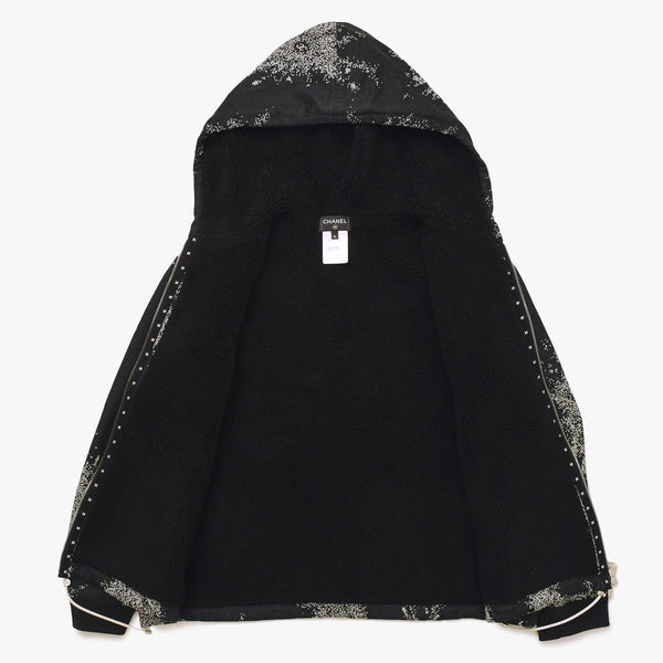 新品同様 CHANEL シャネル ココマーク ボア ジップアップパーカー スプラッシュ模様 P80197K11599 ブラック サイズL 中古 4a008726