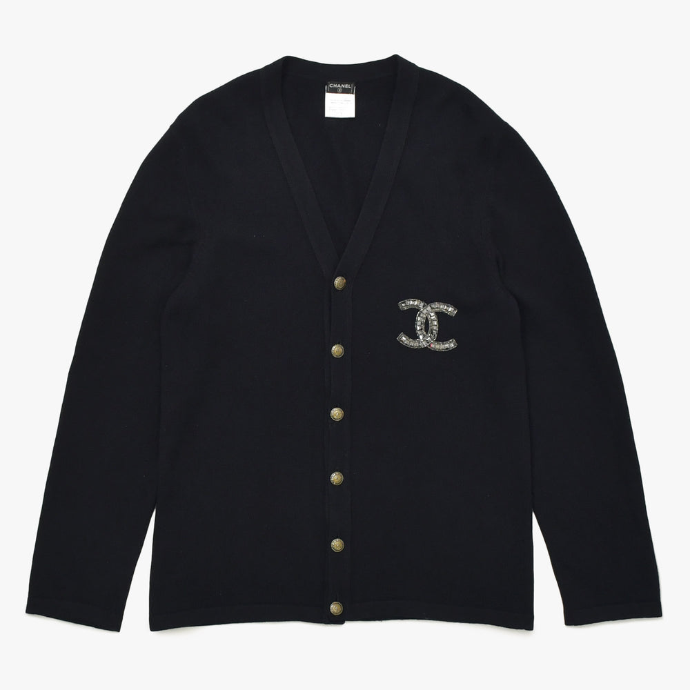 Very Good Condition CHANEL Cashmere Cardigan P26253V01923 Size 54 Coco Mark Beads Sequins Black Men's Used 4a008728