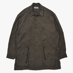 Very Good Condition Yohji Yamamoto Pour Homme PIGMENT DYE TWILL OPEN COLLAR WAIST STRING BLOUSE HW-B26-202 3 Sizes Khaki Drawcord Used 4a008744