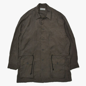 Very Good Condition Yohji Yamamoto Pour Homme PIGMENT DYE TWILL OPEN COLLAR WAIST STRING BLOUSE HW-B26-202 3 Sizes Khaki Drawcord Used 4a008744