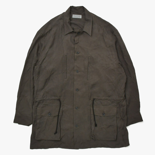 Very Good Condition Yohji Yamamoto Pour Homme PIGMENT DYE TWILL OPEN COLLAR WAIST STRING BLOUSE HW-B26-202 3 Sizes Khaki Drawcord Used 4a008744