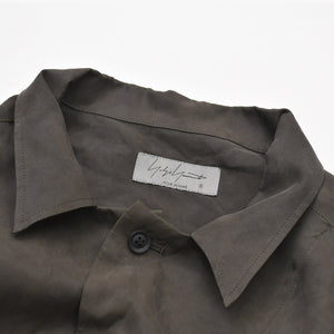 Very Good Condition Yohji Yamamoto Pour Homme PIGMENT DYE TWILL OPEN COLLAR WAIST STRING BLOUSE HW-B26-202 3 Sizes Khaki Drawcord Used 4a008744
