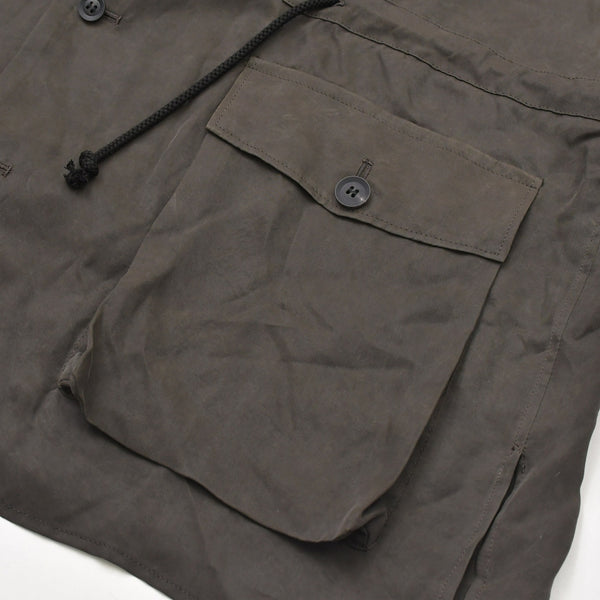 Very Good Condition Yohji Yamamoto Pour Homme PIGMENT DYE TWILL OPEN COLLAR WAIST STRING BLOUSE HW-B26-202 3 Sizes Khaki Drawcord Used 4a008744