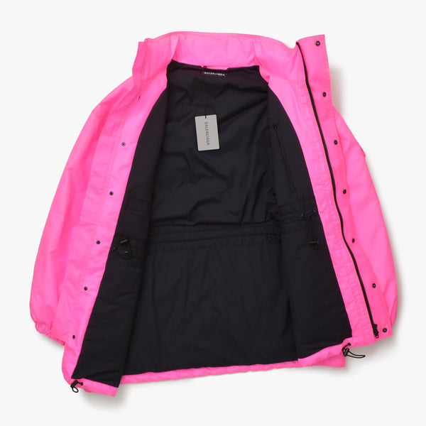 BALENCIAGA バレンシアガ 19AW Nylon Pulled Parka 604032 46サイズ ネオンピンク アシンメトリー ブラック金具 良品 中古 4a008941