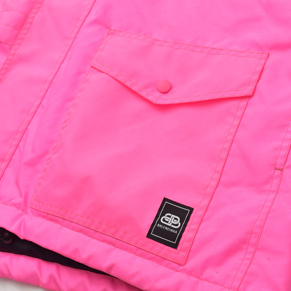 BALENCIAGA バレンシアガ 19AW Nylon Pulled Parka 604032 46サイズ ネオンピンク アシンメトリー ブラック金具 良品 中古 4a008941
