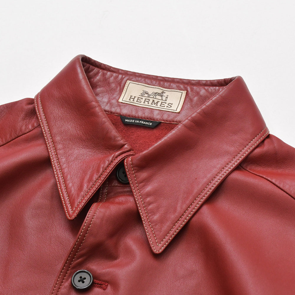 極美品 HERMES エルメス レザーシャツジャケット トップス フランス製 ラムスキン レッド サイズ39 中古 4a008946