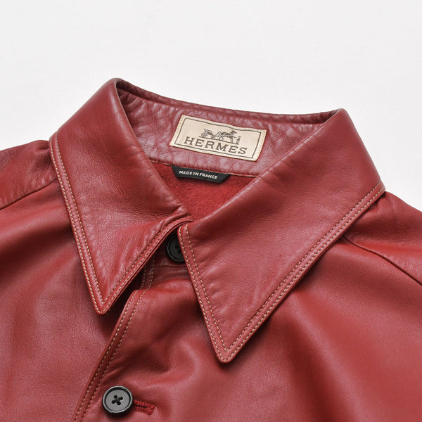 極美品 HERMES エルメス レザーシャツジャケット トップス フランス製 ラムスキン レッド サイズ39 中古 4a008946