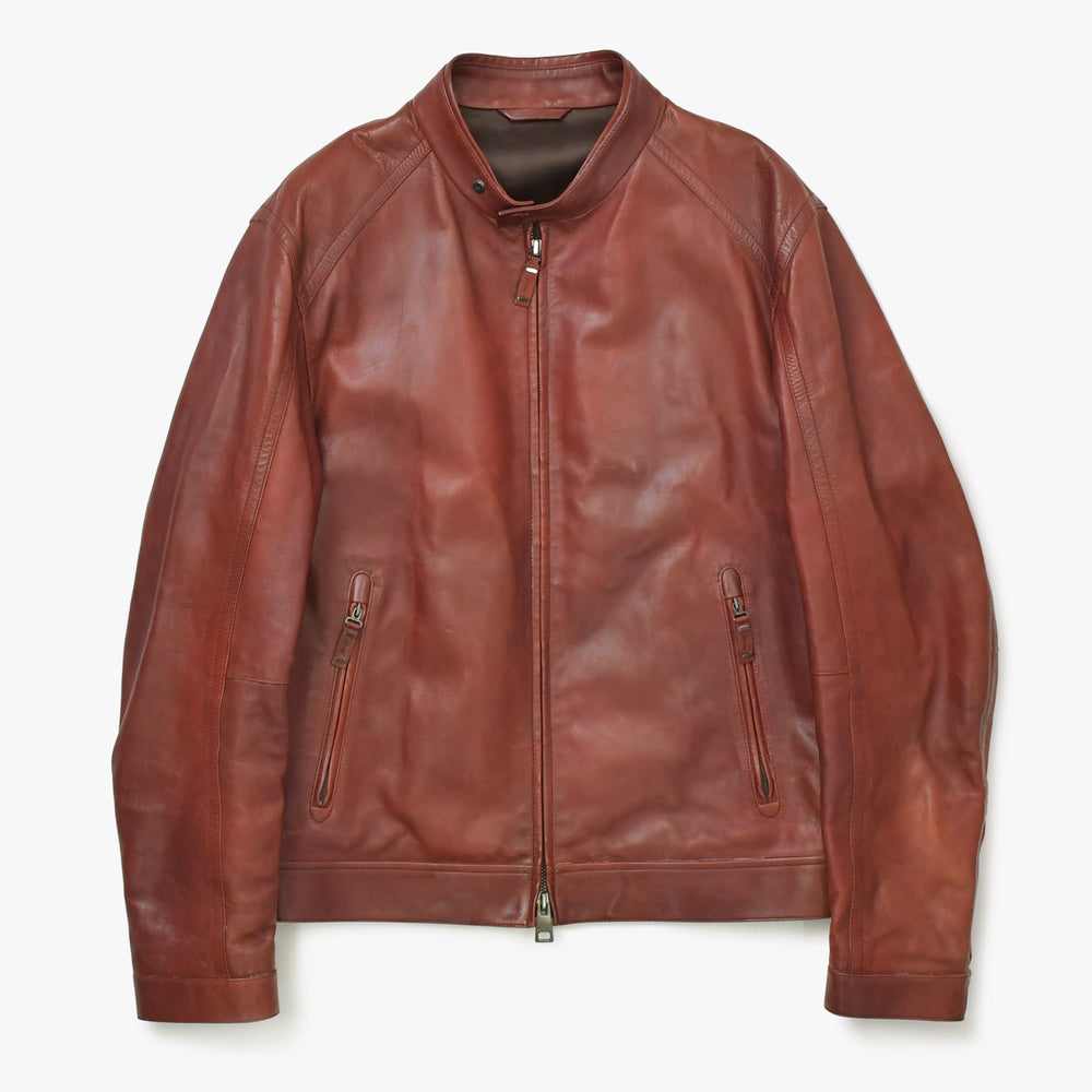 極美品 BRIONI ブリオーニ バイカージャケット レザージャケット レザー レッド メタルブラック金具 サイズ52 中古 4a008947