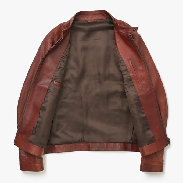 極美品 BRIONI ブリオーニ バイカージャケット レザージャケット レザー レッド メタルブラック金具 サイズ52 中古 4a008947