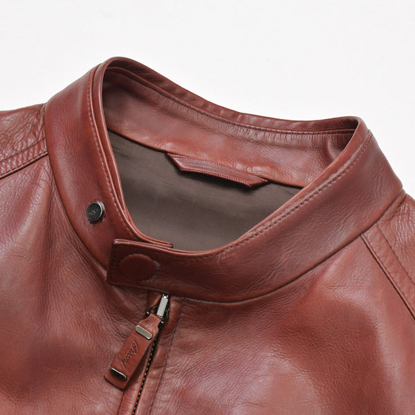 極美品 BRIONI ブリオーニ バイカージャケット レザージャケット レザー レッド メタルブラック金具 サイズ52 中古 4a008947