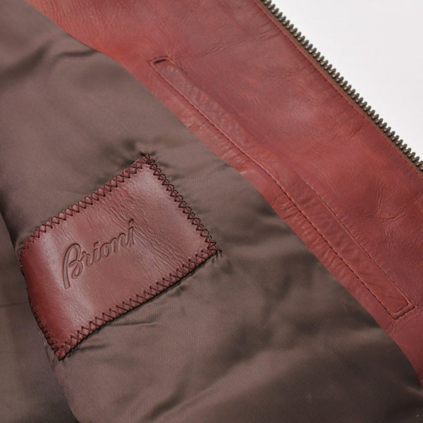 極美品 BRIONI ブリオーニ バイカージャケット レザージャケット レザー レッド メタルブラック金具 サイズ52 中古 4a008947