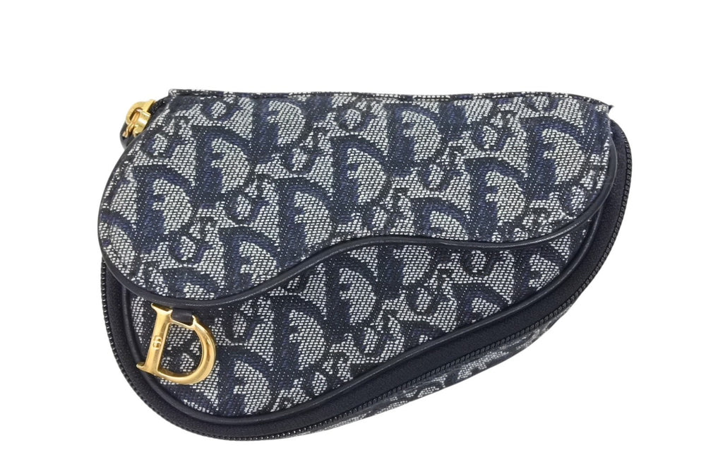 Very Good Condition ChristianDior Saddle Pouch MC1928 Trotter Pattern Canvas Leather Navy Gold Hardware Used 4b008970