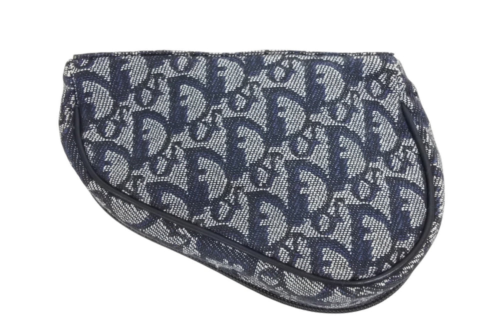 Very Good Condition ChristianDior Saddle Pouch MC1928 Trotter Pattern Canvas Leather Navy Gold Hardware Used 4b008970